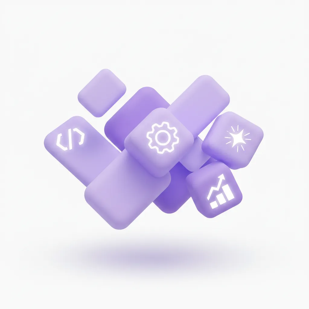 AI-powered website creation illustration showing abstract 3D blocks with technology icons